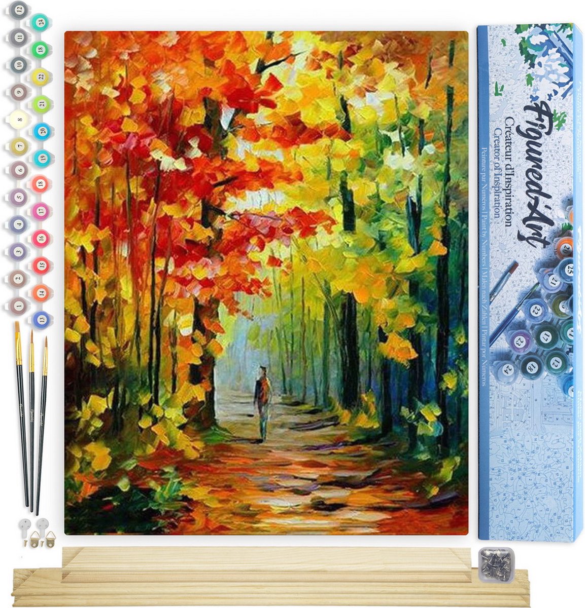 FiguredArt Schilderen op Nummer Volwassenen canvas Eenzame wandeling in het bos - Handwerk acrylverf Kit DIY Compleet - 40x50cm met DIY houten lijst